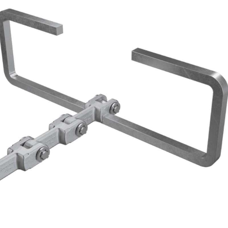 Einstrang Gabellaschenkette mit O-Glied aus gebogenem Vierkantstahl zur Förderung von großvolumigen Materialien wie Holzschnitzeln und Kunststoffen