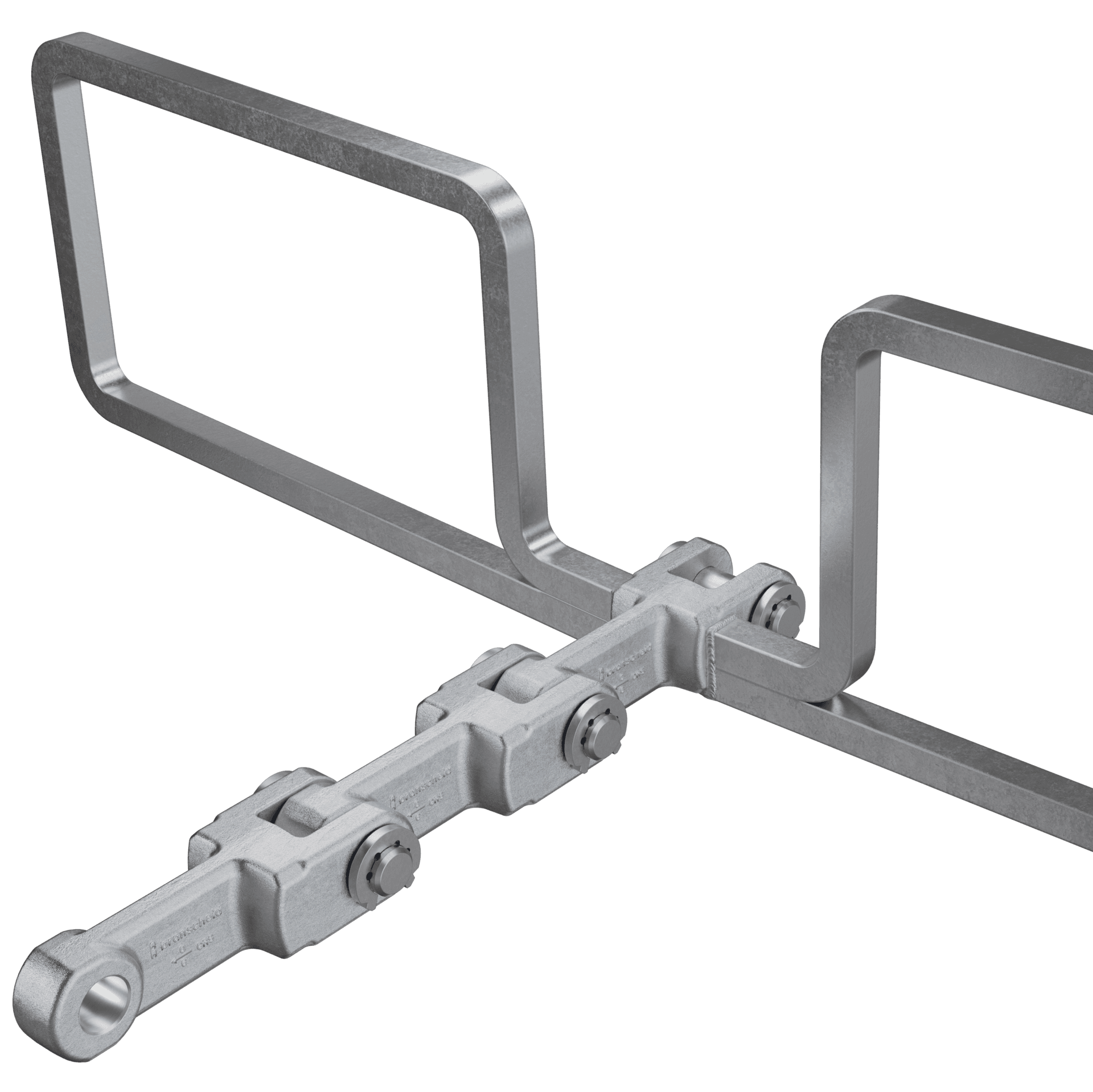 Einstrang Gabellaschenkette mit gebogenem Vierkantstahl OO-Glied für horizontale, schräge und vertikale Förderung von Spänen, Hackschnitzeln, Pallets und Baustoffen