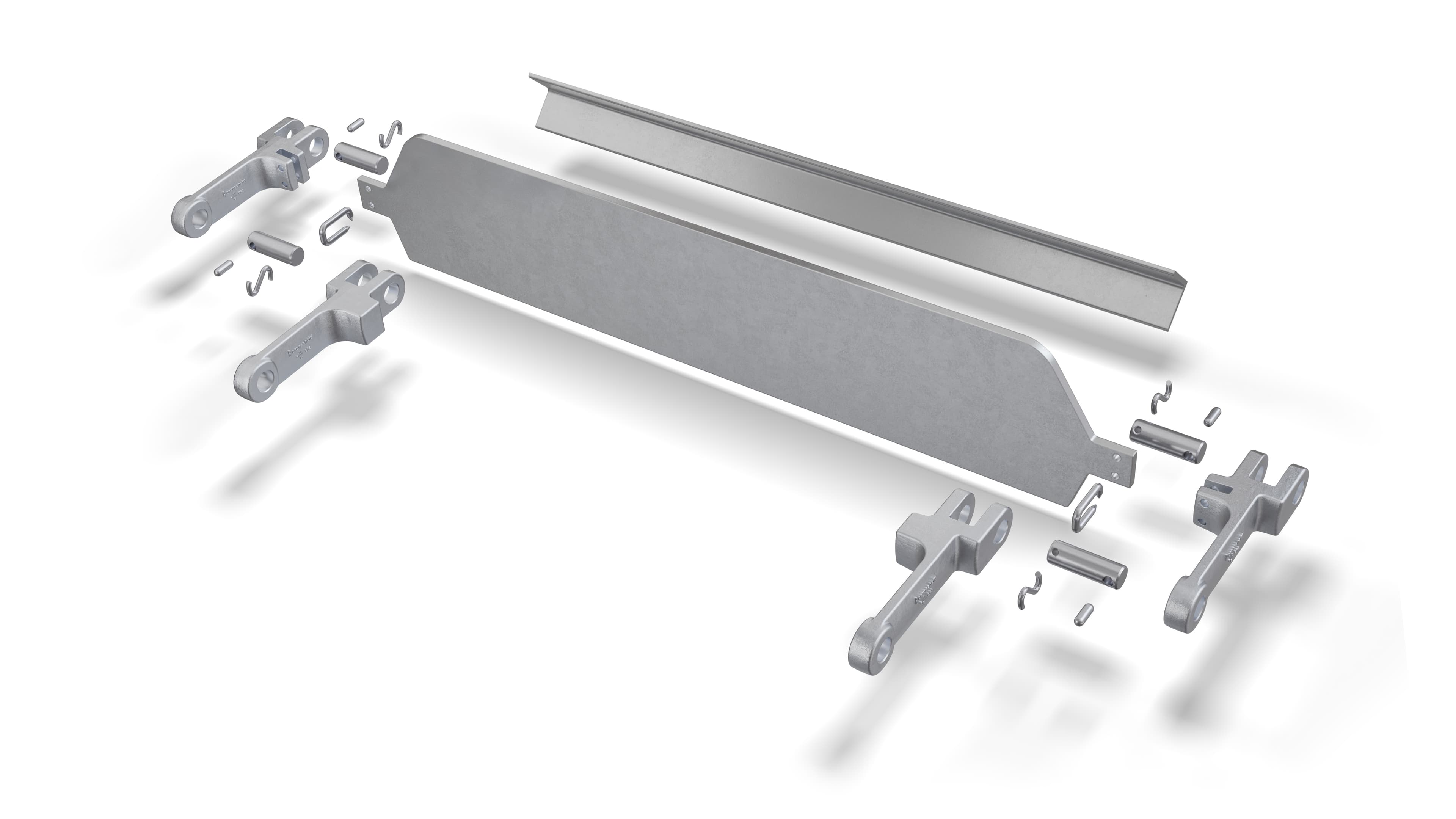 Doppelstrang Gabellaschenkette in animierter Darstellung mit Bolzen, Buchsen, Gabellaschen, Splinten und Schließringen